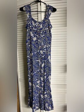 Blue Floral Maxi Dress-Style Skirt with Button Front